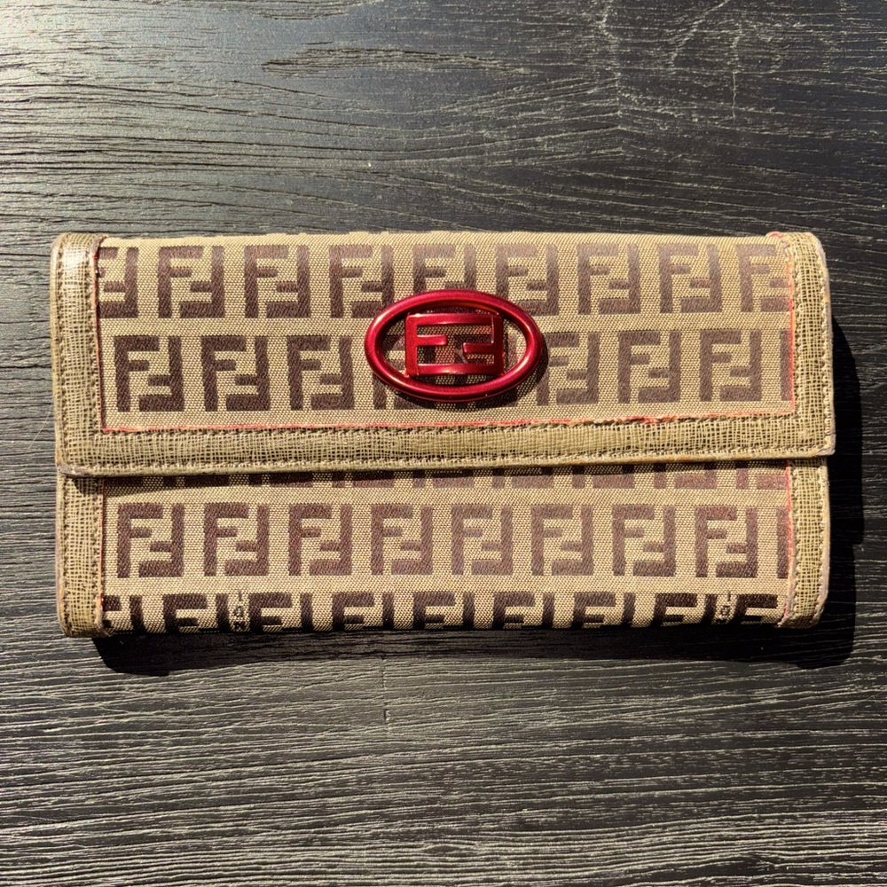Fendi Zucca Canvas & Leather Continental Wallet - RARE Red mono/leather lining